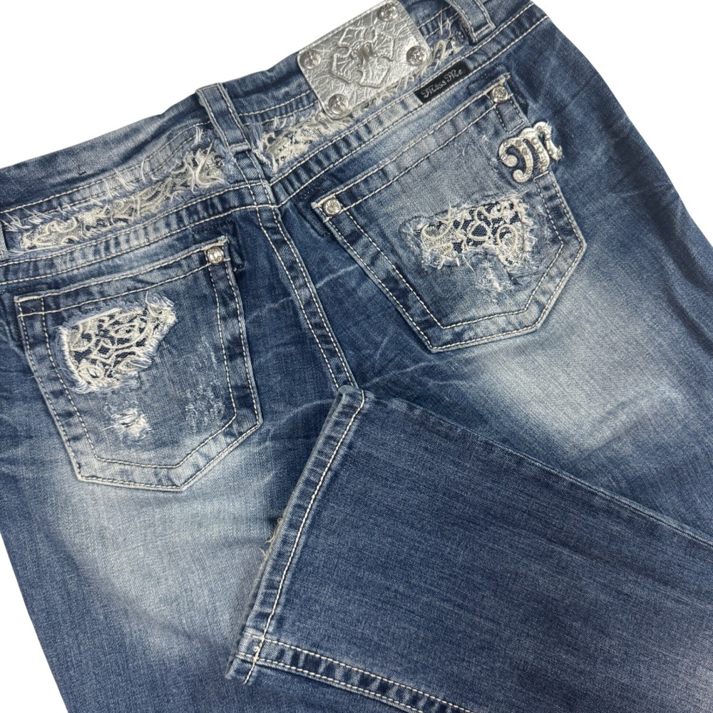 Miss Me Signature Rise Bootcut Jeans Women 31 Lace Embellished Distressed 32x32
